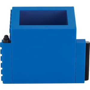 A blue 3-in-1 pen pot with a square shape and compartments for pens, featuring a logo on the side.
