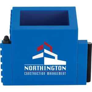 A blue pen pot featuring a square design and a logo on one side, ideal for office organisation.