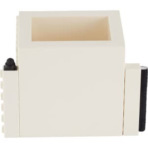 A square white pen pot with a textured side and a small black clip, featuring a logo on the side.