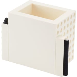 A white, perforated pen pot with a holder for markers and a space for notes, featuring a branding logo.