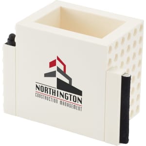 A white 3-in-1 pen pot featuring a perforated design and a logo on one side.