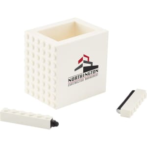 A white pen pot with a textured exterior, accompanied by two matching white pens. It features a logo on the front.