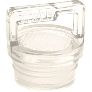 A drink bottle cap in clear plastic, featuring a textured grip and an integrated handle. It has a logo on the side.