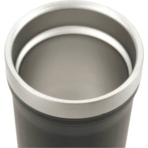 A drink bottle featuring a sleek black exterior and a stainless steel interior with a wide opening.