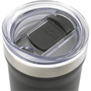 A drink bottle featuring a clear lid and black grip, with a stainless steel base in a sleek design.
