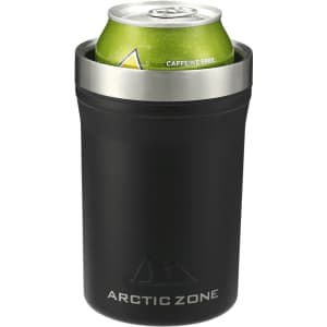 A drink bottle in matte black with a metallic rim, holding a can inside. It features a logo.