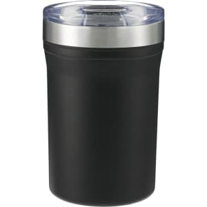 A drink bottle with a black body and a silver rim, featuring a clear lid and a logo on the front.