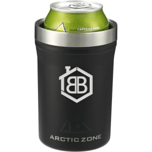 A drink bottle in black with a stainless steel rim, featuring a logo and holding a can inside.