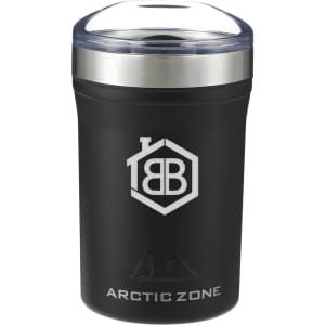 A drink bottle in matte black with a stainless steel lid and a logo. It features an insulated design for temperature control.