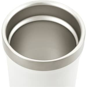 A drink bottle with a white exterior and stainless steel interior, featuring a simple design and a branding logo.