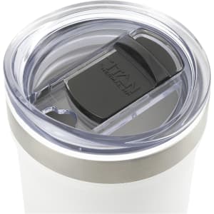 A drink bottle with a clear lid, stainless steel band, and a sleek white body. It features a brand logo on the lid.