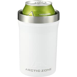 A drink bottle in white with a stainless steel rim, designed to hold a can. It features a logo on the front.