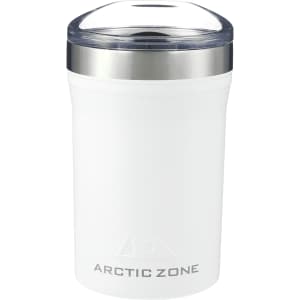 A drink bottle in white and silver, featuring a clear lid and a logo. Ideal for keeping beverages hot or cold.