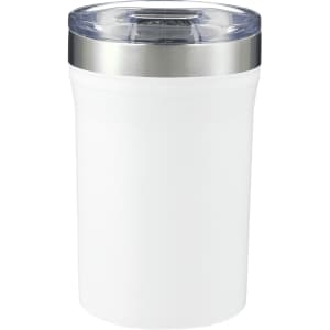 A drink bottle in white with a stainless steel rim and a transparent lid, designed for keeping beverages hot or cold.