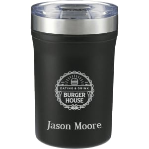 A drink bottle featuring a black exterior, stainless steel lid, and an embossed logo. Comes with a clear lid.