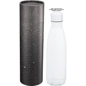 A drink bottle and a grey tube gift box, featuring a textured design with droplets. The bottle is white and insulated.