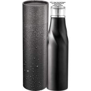 A drink bottle with a silver lid is displayed alongside a black, speckled tube gift box.