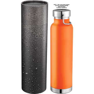 A drink bottle in orange with a stainless steel bottom, paired with a sleek black tube gift box featuring a logo.