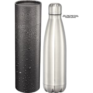 A drink bottle in a sleek silver finish alongside a textured black tube gift box, featuring a logo.