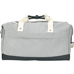 A grey and dark grey cotton duffel bag with handles and a branding logo.