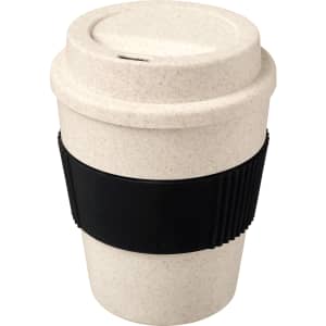 A drink bottle featuring a cream-coloured bamboo mix cup with a black silicone band. It has a removable lid and a logo.