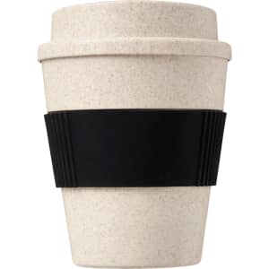 A drink bottle featuring a light beige bamboo mix design, complemented by a black silicone grip and a logo.