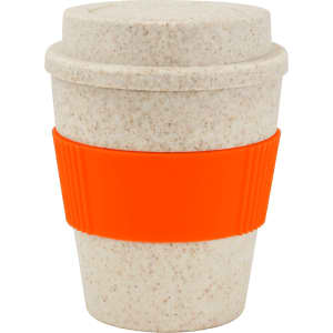 A reusable bamboo coffee cup in a speckled beige colour, featuring an orange silicone band and a matching lid.