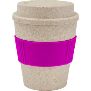 A drink bottle in a light beige colour with a purple silicone grip, designed for reusable coffee use.