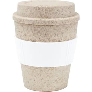 A drink bottle featuring a speckled beige design with a white silicone band and lid, ideal for reusable coffee.