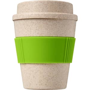 A reusable coffee cup in a speckled beige colour with a green silicone band. It has a simple design and a logo.