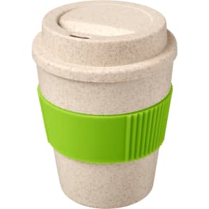 A drink bottle featuring a speckled cream finish with a green silicone grip, designed for reusable coffee.