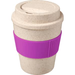 A drink bottle made from a bamboo mix, featuring a speckled cream colour with a purple silicone band.