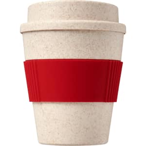 A reusable coffee cup in a natural beige colour with a red silicone sleeve and a simple logo.