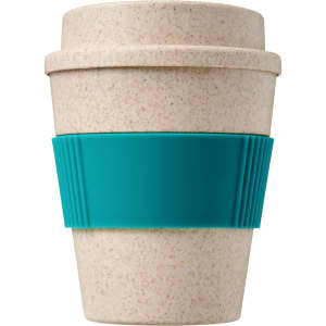 A drink bottle featuring a natural bamboo mix design with a teal silicone band, promoting reusable coffee consumption.