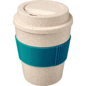 A drink bottle featuring a cream-coloured exterior and a teal silicone grip, made from a bamboo mix material.