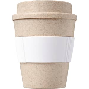 A drink bottle in a beige colour with a white silicone band, designed as a reusable coffee cup. It features a logo.
