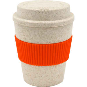 A drink bottle made of bamboo mix with a textured orange silicone band and a light speckled cream body.