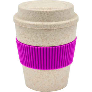 A drink bottle in cream with a pink silicone grip, featuring a lid. It has a logo on the side.