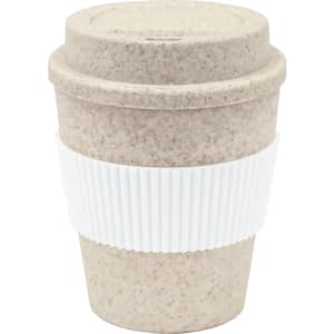 A drink bottle in a light brown bamboo mix material with a white ribbed sleeve and a matching lid.