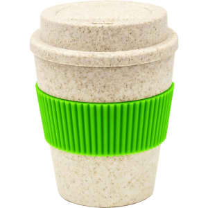 A drink bottle featuring a beige body made of bamboo mix, with a green silicone sleeve and lid. It has a logo.