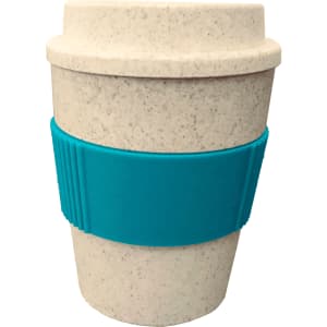 A drink bottle in a speckled cream colour with a turquoise silicone grip, designed as a reusable coffee cup.