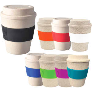 A drink bottle featuring a beige bamboo mix body with various colourful silicone bands, including black, red, and orange.