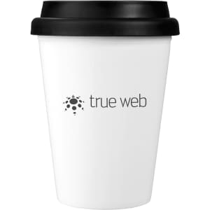 A drink bottle featuring a white body and a black lid, with a logo on the side.