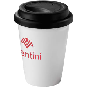 A drink bottle featuring a white exterior and a black lid, with a logo on the side.