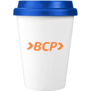A drink bottle featuring a white body and blue lid, with a logo printed on the side.