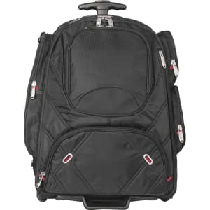 A black wheeled backpack featuring multiple compartments and zippers, designed for carrying laptops and accessories.