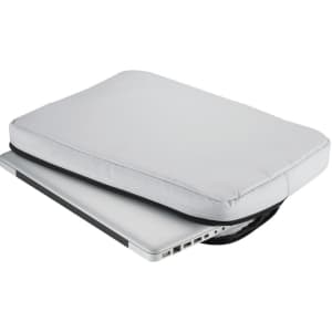 A grey laptop sleeve with a zipper, slightly open to reveal a laptop inside.