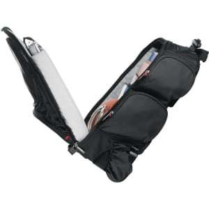 A black wheeled backpack with multiple compartments, showcasing interior storage for a laptop and other items.