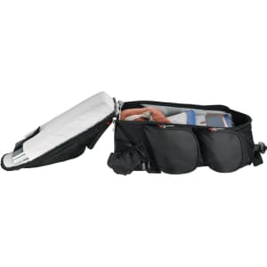 A black wheeled backpack with multiple compartments, revealing items like books and a drink bottle inside.