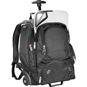 A black wheeled backpack with multiple compartments and a retractable handle. It features a logo on the front.